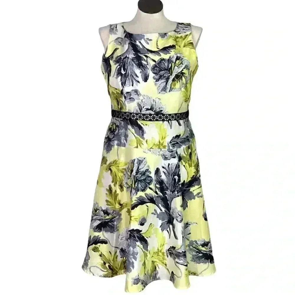 Dressbarn Dress Women 16 Multicolor Fit Flare Floral Sleeveless Lined Linen Look